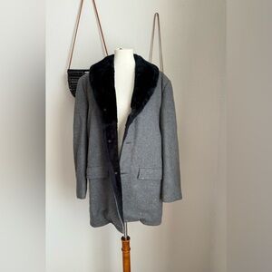 Vintage 1960s Cresco Grey Faux Fur Lining Heavy Wool Coat, Size 40